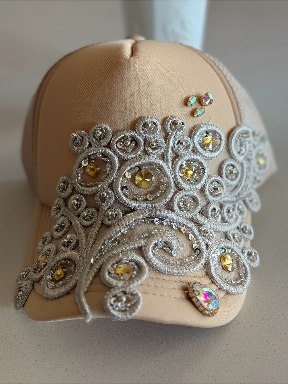 NWOT Embellished Beige Baseball Cap with Crystal Appliqué